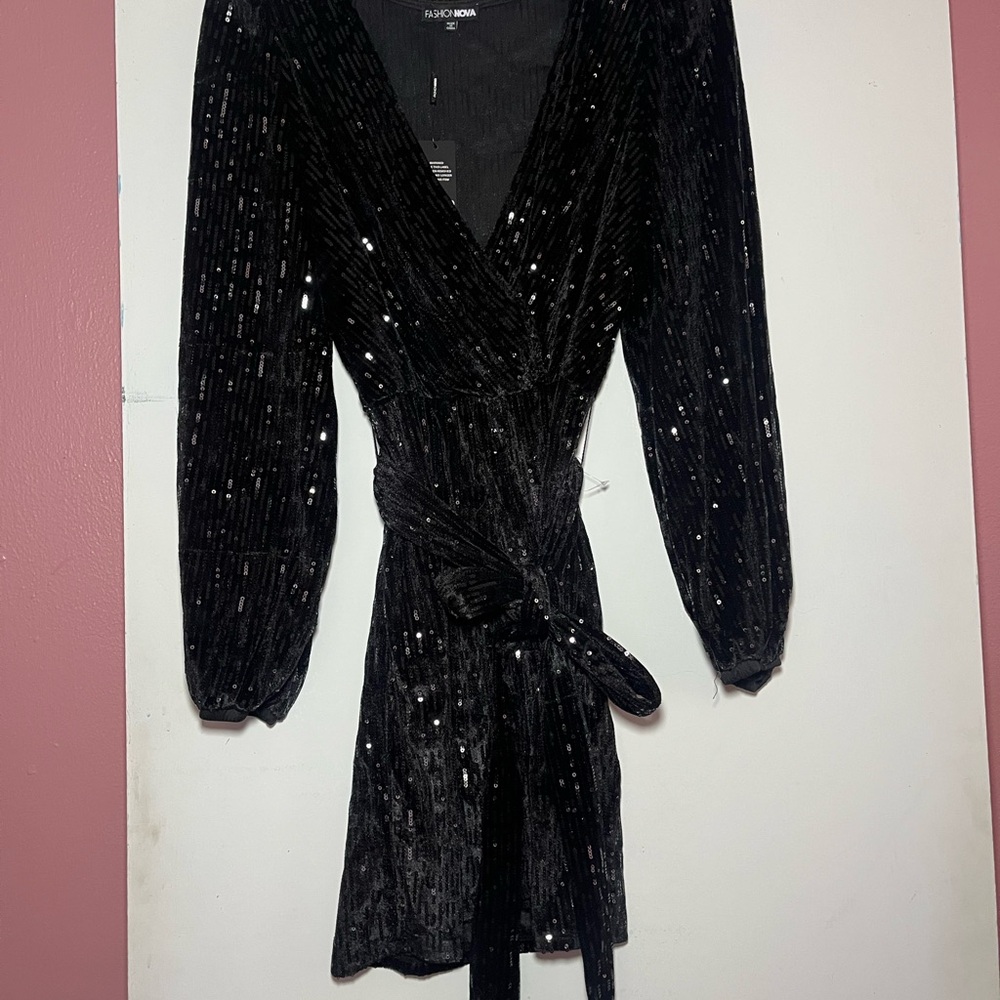 Fashion Nova Black Sequin Wrap Dress with Bishop Sleeves